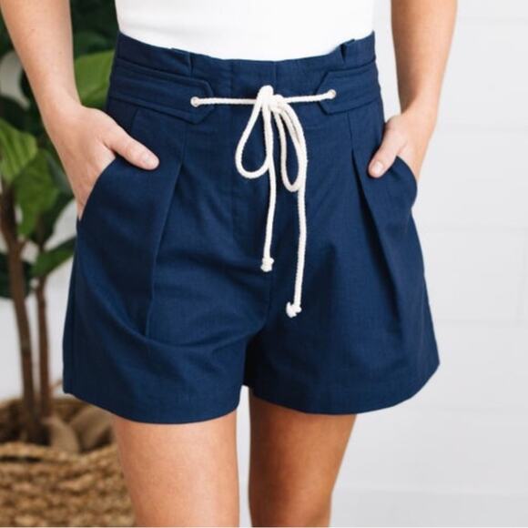 Wishlist Small Navy Blue Pleated Linen Blend Pull On Paper Bag Shorts - Picture 1 of 9